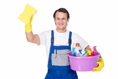 Cleaning technician preparing safe carpet cleaning equipment