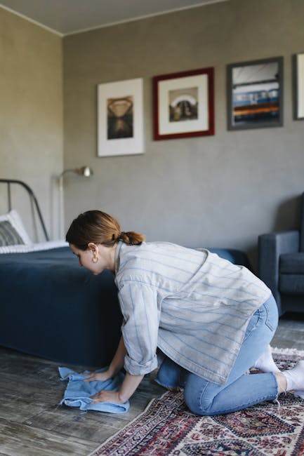 A person using a handheld vacuum cleaner with a long hose attachment to perform deep cleaning on a patterned carpet in a residential living room. The carpet features an intricate floral design in shad